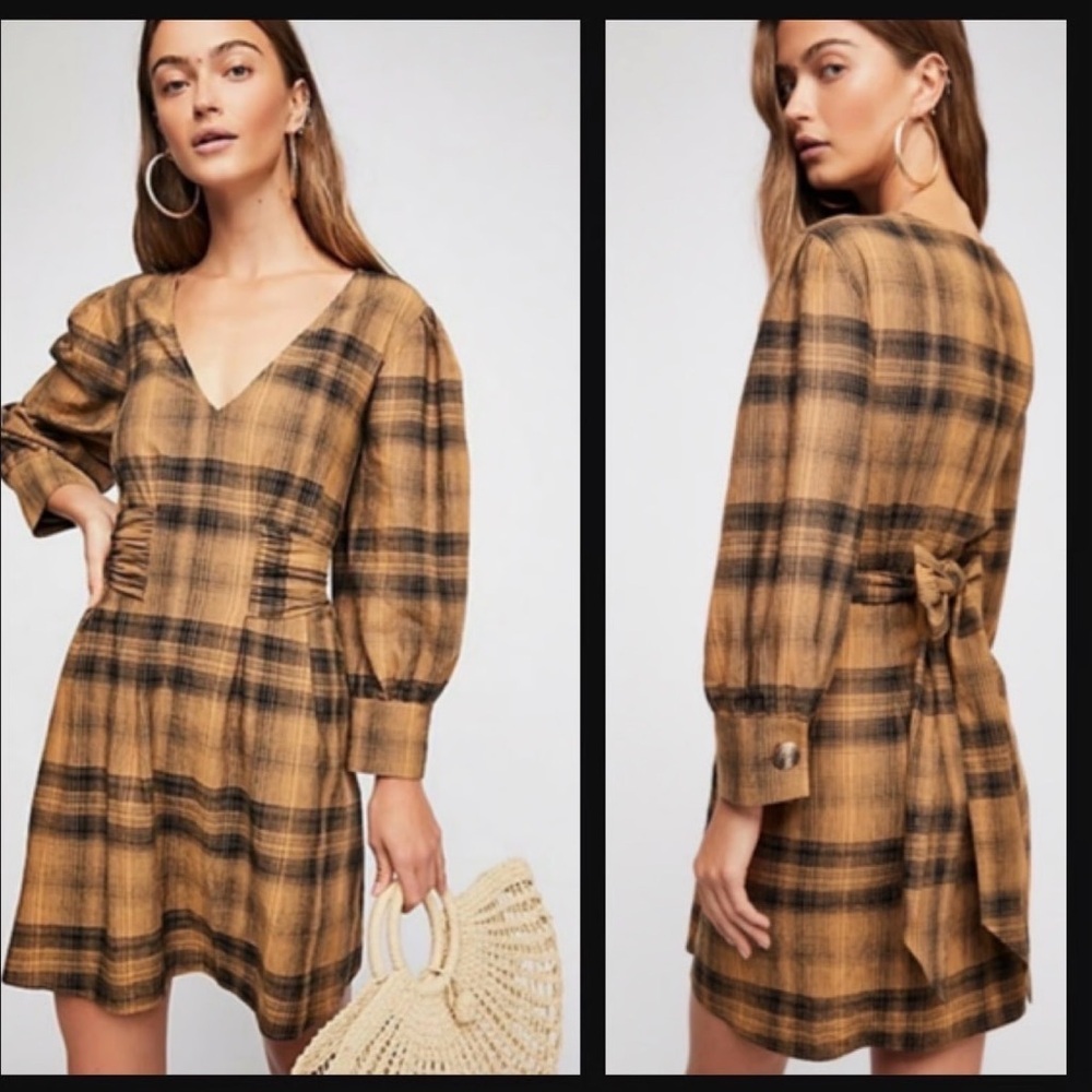 Free People Tan and Black Plaid Long Sleeve Dress